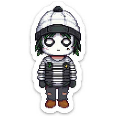 character with black and white striped shirt, black beanie, black mask over eyes sticker