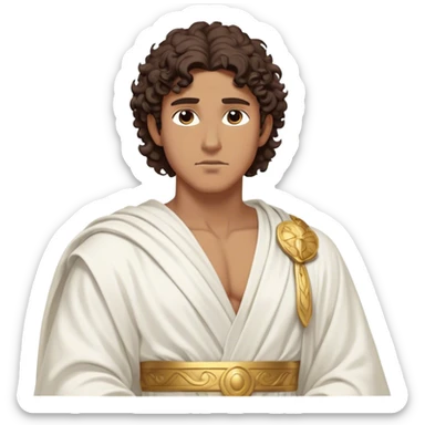 Cinematic Realistic Hercules Portrait, depicted as a classical Greek hero inspired by the Disney version yet echoing the refined proportions and serene dignity of Michelangelo's David. His idealized, tan skin glows with timeless strength, and his thick, curly wavy dark brownhair falls in natural, sculpted curls. Draped in a flowing white robe with delicate golden accents, his expressive eyes radiate determined nobility, all rendered under dynamic natural lighting with a mythic, radiant glow. sticker