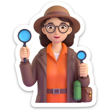 Curious professional woman explorer with glasses, modern outdoor equipment, single magnifying glass, stylized 3d look sticker