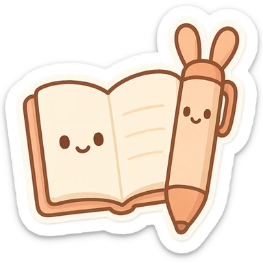 cute open notebook and pen with ears, chibi stickers style, cartoonish sticker