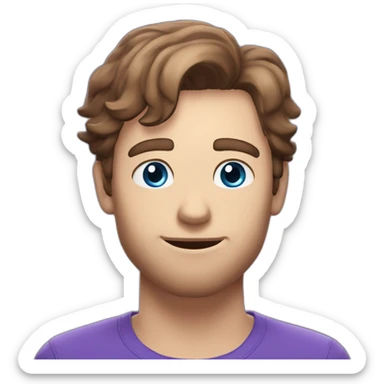 Twitch emote, white male blue eyes brown hair, speach bubble saying hi, purple shirt sticker