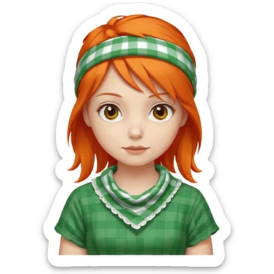 girl orange hair, wear red and white checkered bandana, green dress sticker
