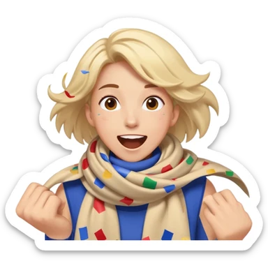 person with a sports scarf, excited expression, confetti in the air sticker