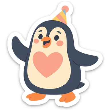 large penguin wearing a party hat with a large heart on its chest in pastel-toon style sticker