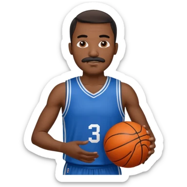 black bold man basketball player blue jersey with mustache holding basket ball sticker