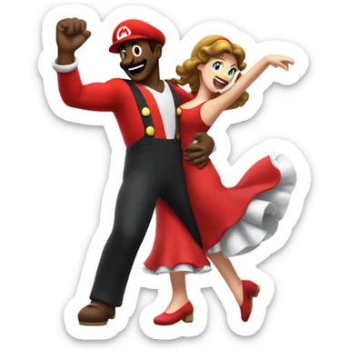 Black man wearing giant Mario costume dancing with brunette woman  sticker