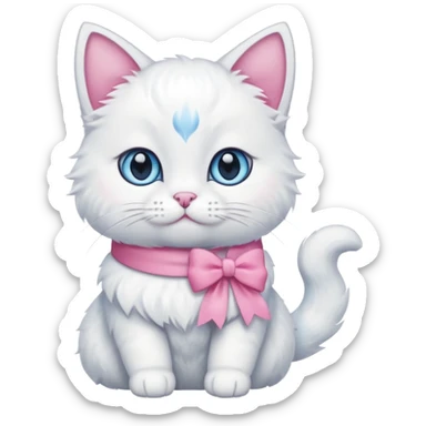 white cat sitting and she has a pink small bow on her right ear,she has blue eyes sticker