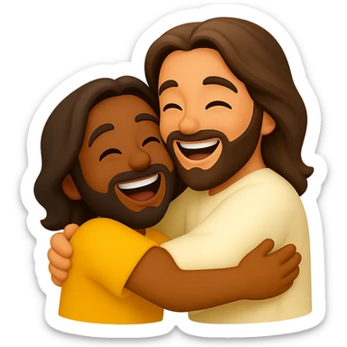 Create an emoji style image of Jesus hugging a person with a joyful expression, vibrant and clean colors, transparent background. The style should resemble apple style emojis but with editing support, focusing on joyful emotion and clarity. sticker