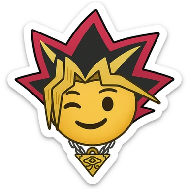 Create an emoji style version of Yugi from Yu-Gi-Oh inspired by the reference image. Expression should be smiling and winking, with tricolor hair and Millennium Puzzle necklace. The style should resemble apple style emojis with concise details. sticker