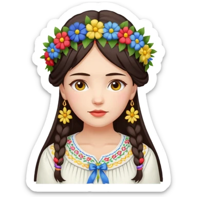 Ukrainian woman in a white embroidered shirt with dark hair in a wreath of flowers with multicoloured ribbons on her head sticker