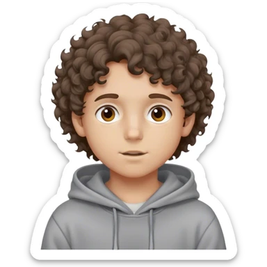 Pelo castaño rizado,niño sudadera gris sticker