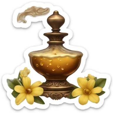 An antique perfume bottle with oil made of bronze and brown crystals, from which white cream and coffee milk flow, yellow flowers of fragrant vanilla lie next to it sticker