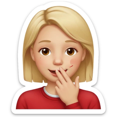 Hand over mouth with blushed cheeks more redness on cheek and smiling  more more redness  dirty blonde hair  sticker