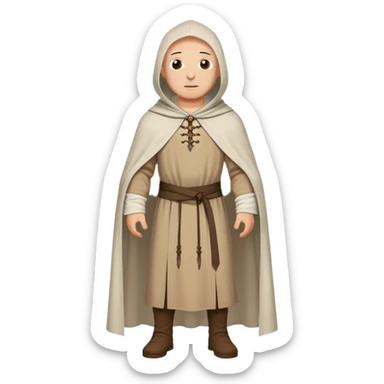 medieval outfit worn by a DnD themed fantasy character. basic cotton tunic with a hooded cloak and a laced neckline. clothes only above the waist. The clothes full waist. The character's haven't arms. character is bald, brown eyes, tan-skinned man. sticker
