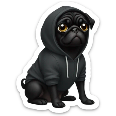 Black pug wearing a black hoodie sticker