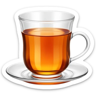 Traditional Turkish tea glass, small clear glass with a narrow waist, filled with hot amber tea on a saucer, WITHOUT a grip sticker