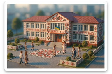 Highly detailed 3D model of a tilt-shift diorama depicting a modern Ukrainian school in the style of embroidery. Includes students and teachers. Cool morning light, dreamy and calm mood, blurred cityscape background. sticker
