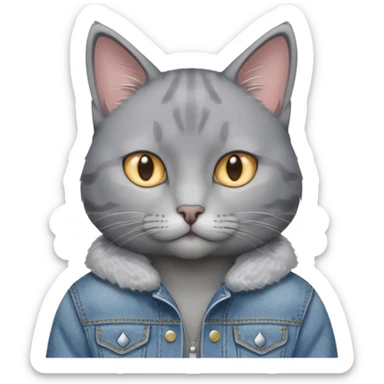Gray cat with calm eyes, half body, jean jacket sticker