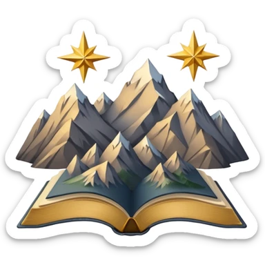 three mountain peaks of gray color, above each of the peaks there is a golden star, in front of the mountain peaks there is an open book sticker