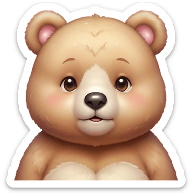 Cinematic cute soft bear, chubby round face, tiny ears, warm fuzzy fur, blushing cheeks, sparkling kind eyes, soft glowing background, heartwarming and huggable. sticker