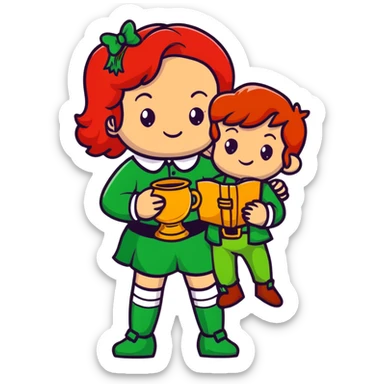 girl with red hair and brown eyes with a leprechaun sticker