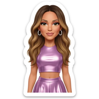 Mariah Carey with long dark blonde hair, lavender pink metallic crop top, lavender pink metallic skirt, silver earrings sticker