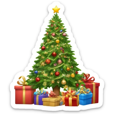 Beautifully decorated Christmas tree with Christmas presents around the base sticker