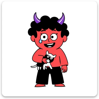 a sad but happy red monster with purple horns, hand-drawn doodle style sticker