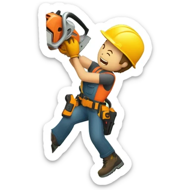 Man using a chainsaw to cut down a very tall tree sticker