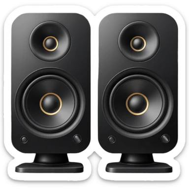 pair of big speakers emoji, deep matte black metal body, circular speaker cones with subtle depth, smooth rounded edges, minimalistic futuristic 3D style, luxury aesthetic sticker