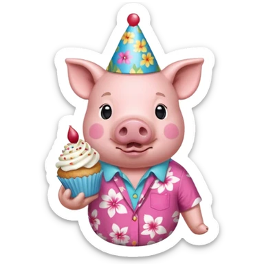 Pig with aloha shirt, birthday hat, holding a cupcake sticker