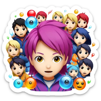 Icon for Anime: vibrant, dynamic scene with popular anime characters in action, featuring exaggerated expressions and colorful backgrounds. The design should reflect the distinct, energetic style of anime, with iconic eyes and unique visual elements. Transparent background. sticker
