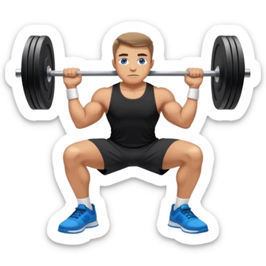 tanned man grey eyes black shorts black t shirt blue shoes barbell squats sticker