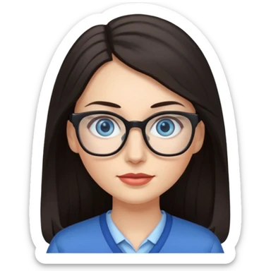 long dark hair, blue eyes, glasses teacher female, eyelashes sticker