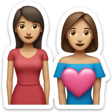 two ladies in love with a heart. the one on the left is a white lady with blue eyes and a brown bob with a pink shirt. the second is a venezuelan lady with brown eyes and dark brown hair with a red dress sticker