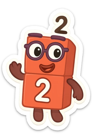 Numberblock 2, a block character with the number 2, inspired by the Numberblocks show, friendly and simple, bright colors, suitable for kids, cartoon style sticker