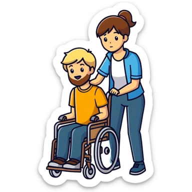 Brown haired bearded son in a wheelchair with blonde women pushing sticker