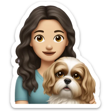 Young dark brunette hair woman with a golden shih tzu in her arms long wavy hair sticker