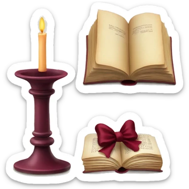 open book and candlestick with burgundy bow sticker