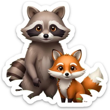 Collage of a raccoon and a fox, in close-up, set in a beautiful forest with tall trees, green bushes, and sunlight filtering through the leaves. Both animals look curious and playful. A vibrant, wild atmosphere with a transparent background. sticker