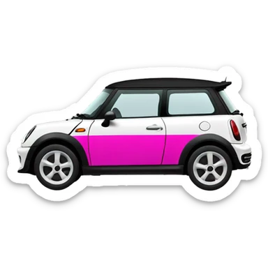 Black mini cooper, white roof, black drivers doors, with hot pink hood stripes sticker