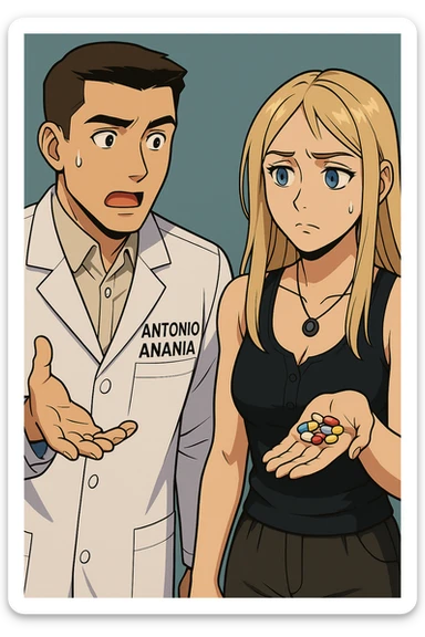 fai un webtoon/manga a colori con questo kinesiologo in camice bianco (fagli la scritta "ANTONIO ANANIA" SUL CAMICE) CHE PARLA CON QUESTA RAGAZZA CON GLI OCCHI AZZURRI. LA RAGAZZA HA UN PUGNO DI INTEGRATORI IN MANO (TANTE PILLOLE DIVERSE) E LE GUARDA DUBBIOSA. IL KINESIOLOGO CON IL CAMICE BIANCO LE DOMANDA UNA COSA SCIOCCATO. NON FARE I FUMETTI, FAI SOLO LORO COME SE DIALOGASSERO sticker