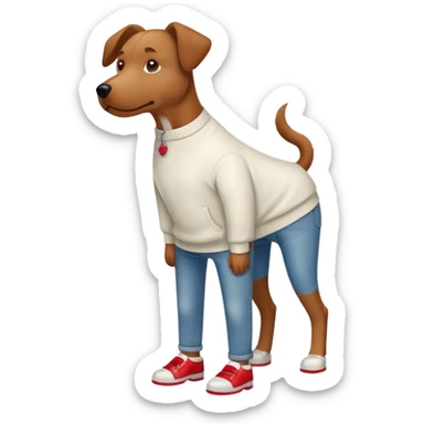 Brown dog standing upright with hands in jean pockets, wearing a white sweater and red shoes sticker