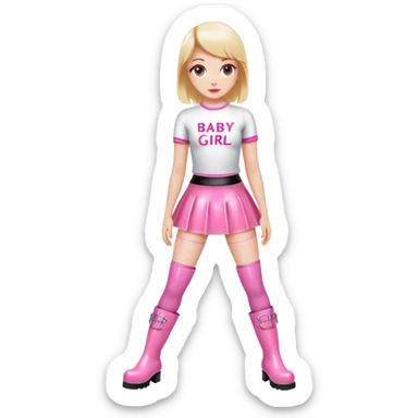 Mini latex skirt and boots and short top with pink inscription “Baby girl” sticker