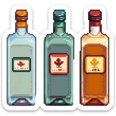 Four bottles of alcohol, each with distinct shapes and labels, arranged neatly in a row. The bottles should vary in color and size, with detailed labels and caps. sticker