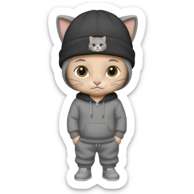 Grey baby cat wearing a black raider beanie and charcoal sweat pants  sticker