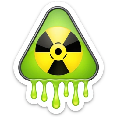 radioactive hazard symbol stylized to look like it is melting. The symbol is bright neon green and toxic yellow, with smooth dripping edges like liquid. sticker