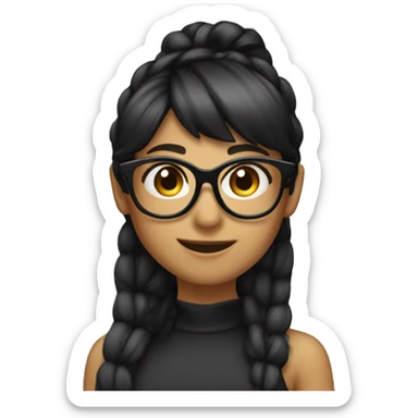 female, bangs on ponytail, black hair, black glasses, cute smile, note sticker