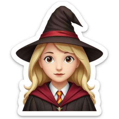 A young woman wearing a classic witch’s hat, red tie, and wizarding robes. This outfit suggests she's a student from Gryffindor House (from the Harry Potter universe), as the red tie is a signature detail of that house's uniform. sticker