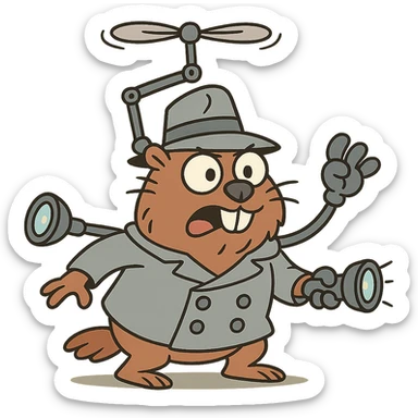 cartoon gopher with Inspector Gadget-style gadgets, whimsical and fun, playful and animated look sticker
